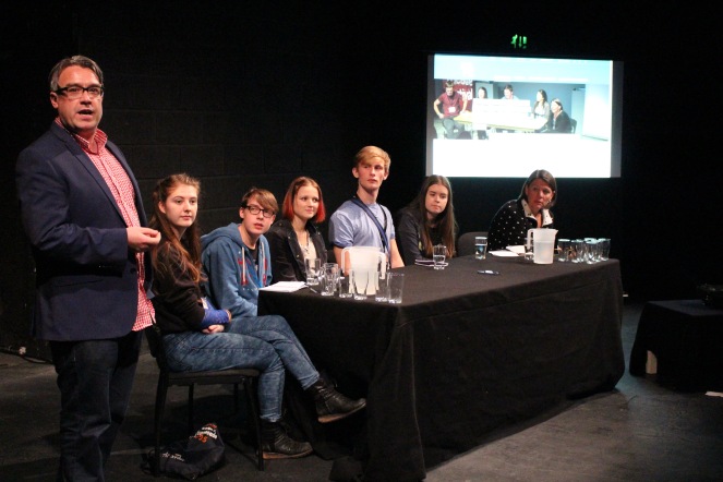 Alan King introduces the Young Critics 206 with panelists Meabh, Jack, Ciara, Colm and Emily. Chaired by Dr. Karen Fricker. Photo Credit: Rhona Dunnett